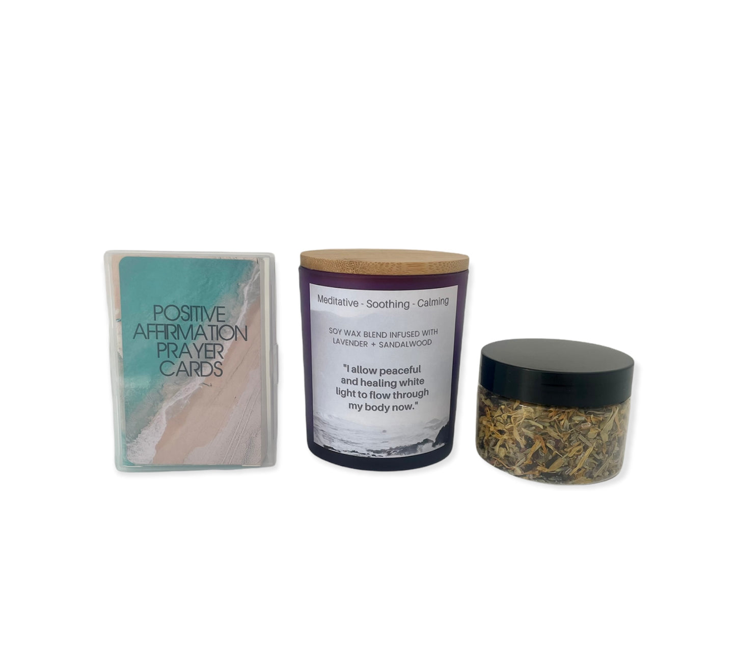 Self Love Kit - Lavender, Sandalwood Candle 8 oz + Affirmation Cards + Bath Tea