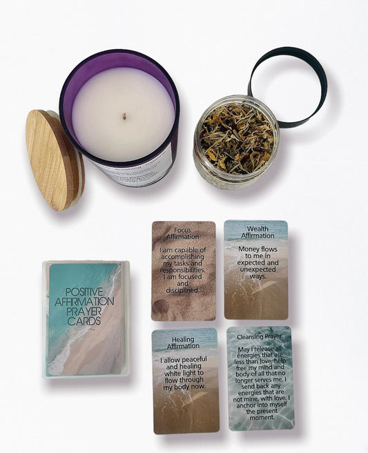 Self Love Kit - Lavender, Sandalwood Candle 8 oz + Affirmation Cards + Bath Tea